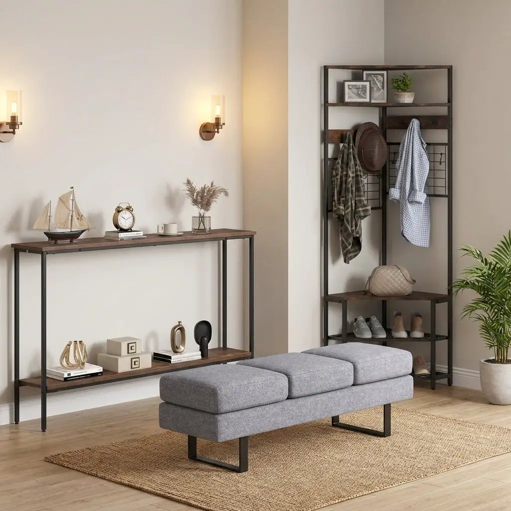 Entryway Set with 44 Inch Console Table 5-Tier Corner Hall Tree and Waiting Room Bench by DirectDeals