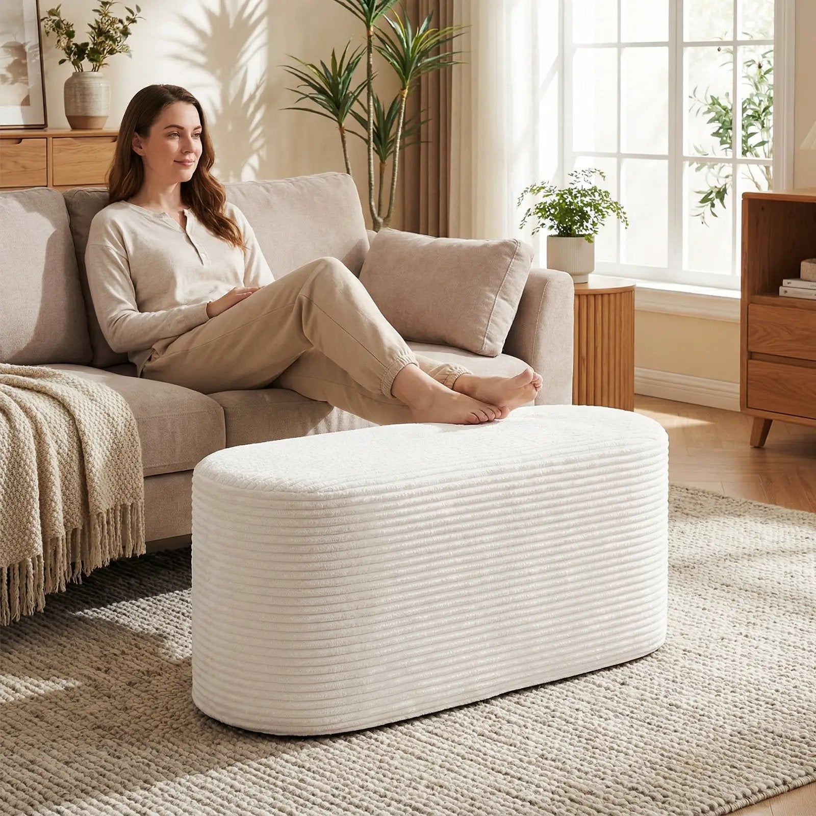 Upholstered Ottoman Bench with High-Density Sponge-Beige by DirectDeals