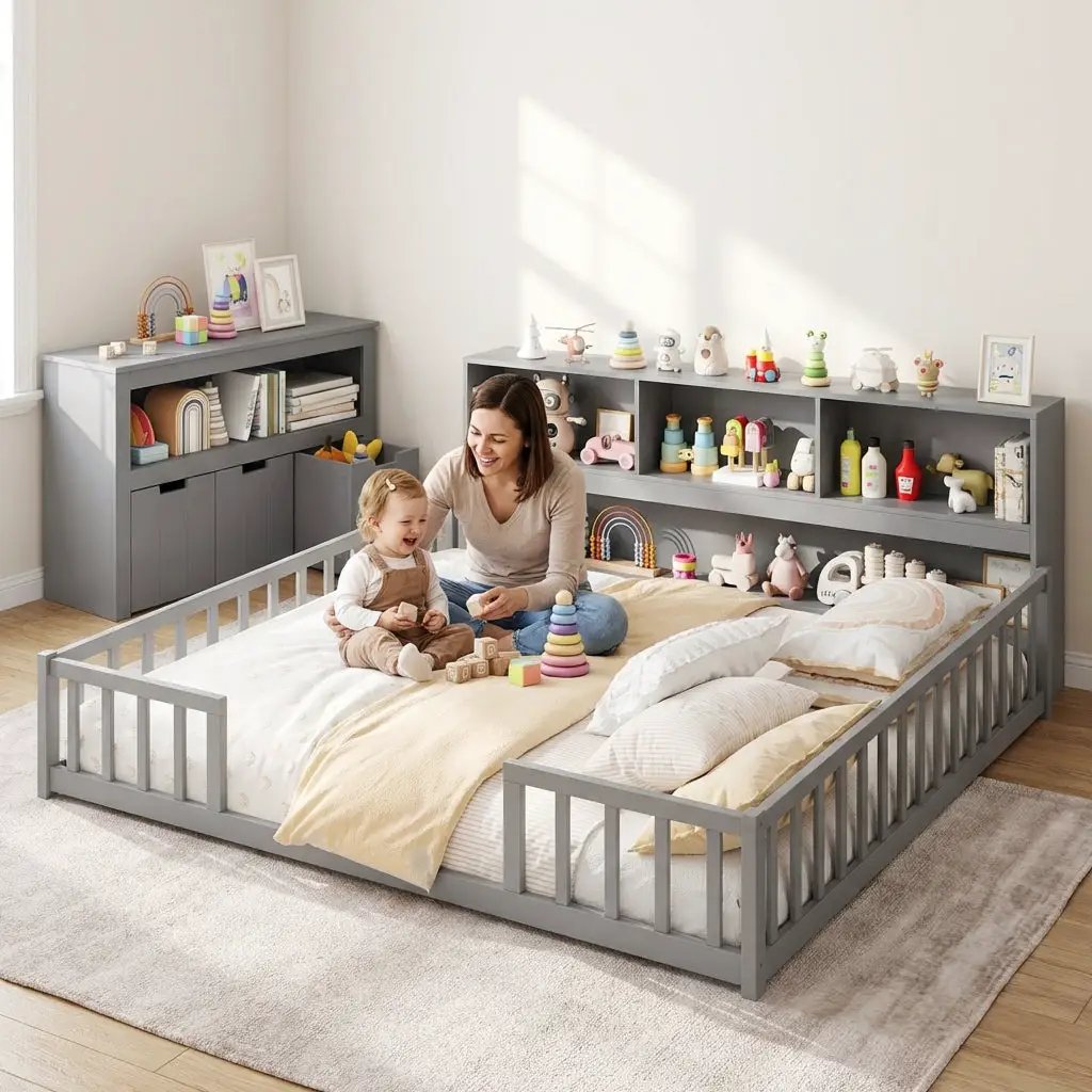 Montessori Twin Floor Bed and Kids Toy Storage Cabinet Bundle by DirectDeals