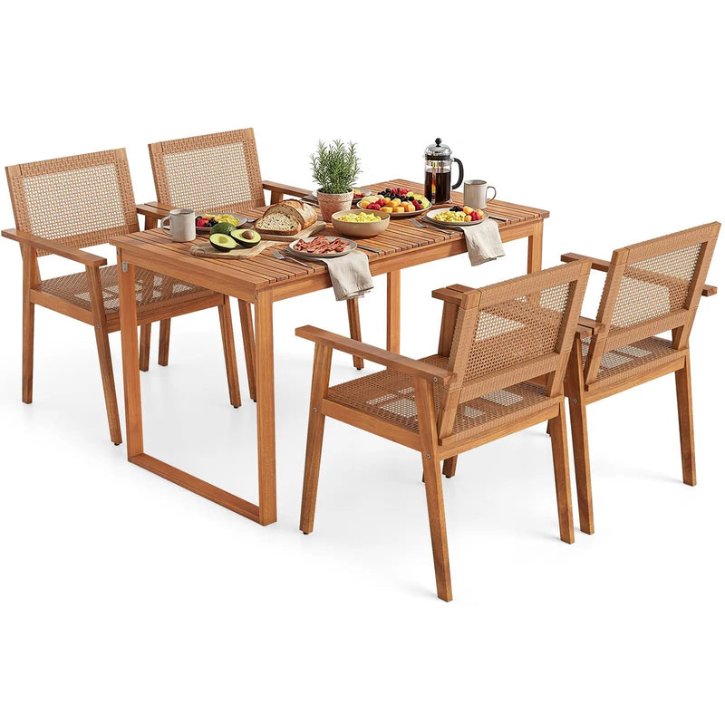 5 Pieces Acacia Wood Dining Set with Outdoor Table and Rattan Chairs for 4 Persons by DirectDeals