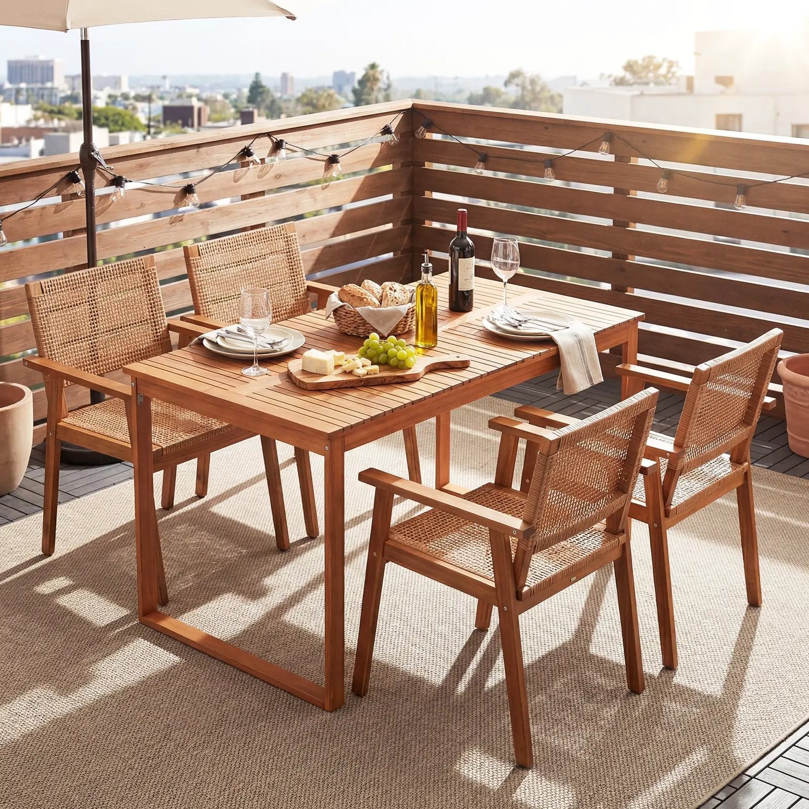 5 Pieces Acacia Wood Dining Set with Outdoor Table and Rattan Chairs for 4 Persons by DirectDeals