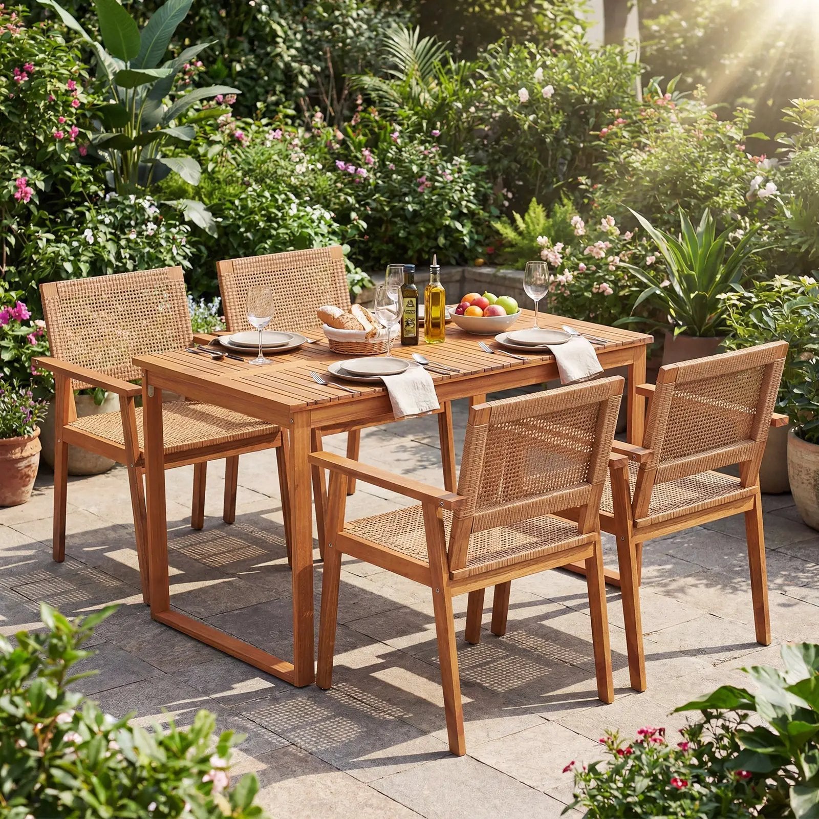 5 Pieces Acacia Wood Dining Set with Outdoor Table and Rattan Chairs for 4 Persons by DirectDeals