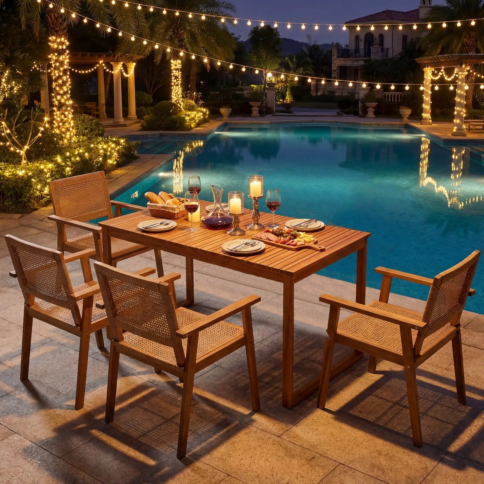 5 Pieces Acacia Wood Dining Set with Outdoor Table and Rattan Chairs for 4 Persons by DirectDeals