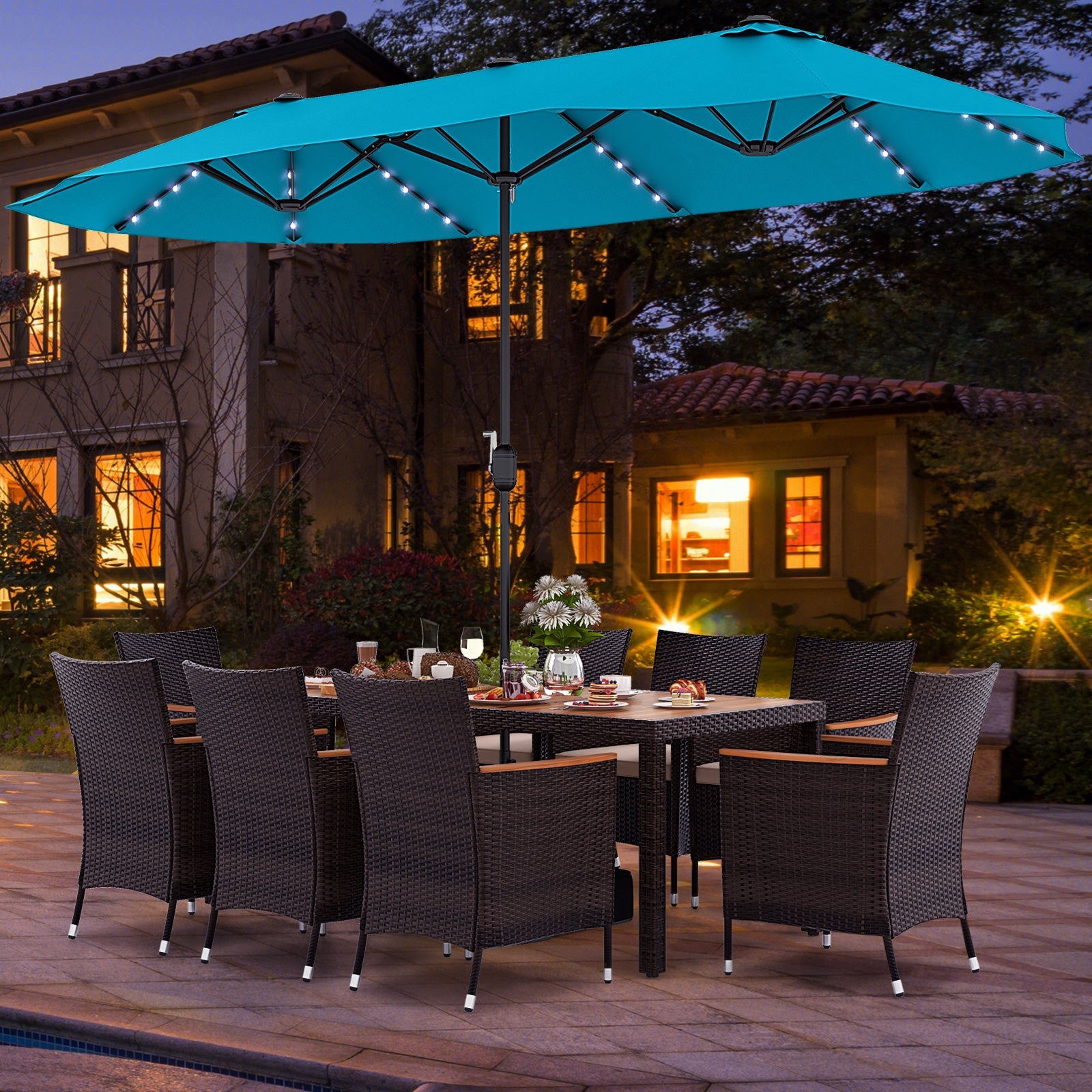 11 Pieces Patio Dining Set 15ft Double-Sided Patio Umbrella (Base Included) and Outdoor Rattan Furniture Set with 8 Stackable Chairs-Turquoise by DirectDeals