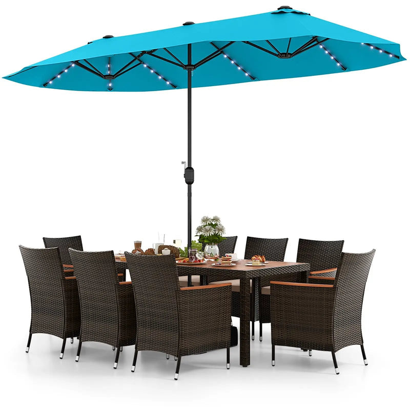 11 Pieces Patio Dining Set 15ft Double-Sided Patio Umbrella (Base Included) and Outdoor Rattan Furniture Set with 8 Stackable Chairs-Turquoise by DirectDeals
