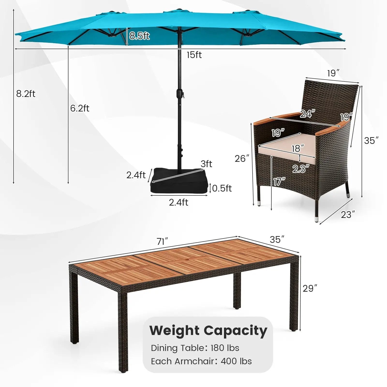 11 Pieces Patio Dining Set 15ft Double-Sided Patio Umbrella (Base Included) and Outdoor Rattan Furniture Set with 8 Stackable Chairs-Turquoise by DirectDeals
