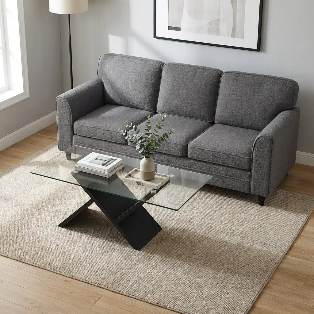 Contemporary Living Room Furniture Suite: Modern 3-Seat Teddy Velvet Sofa + 47-Inch Glass Coffee Table by DirectDeals