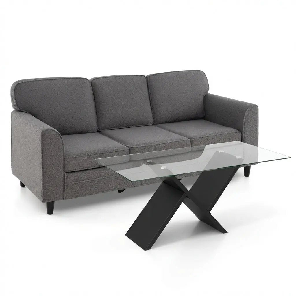 Contemporary Living Room Furniture Suite: Modern 3-Seat Teddy Velvet Sofa + 47-Inch Glass Coffee Table by DirectDeals
