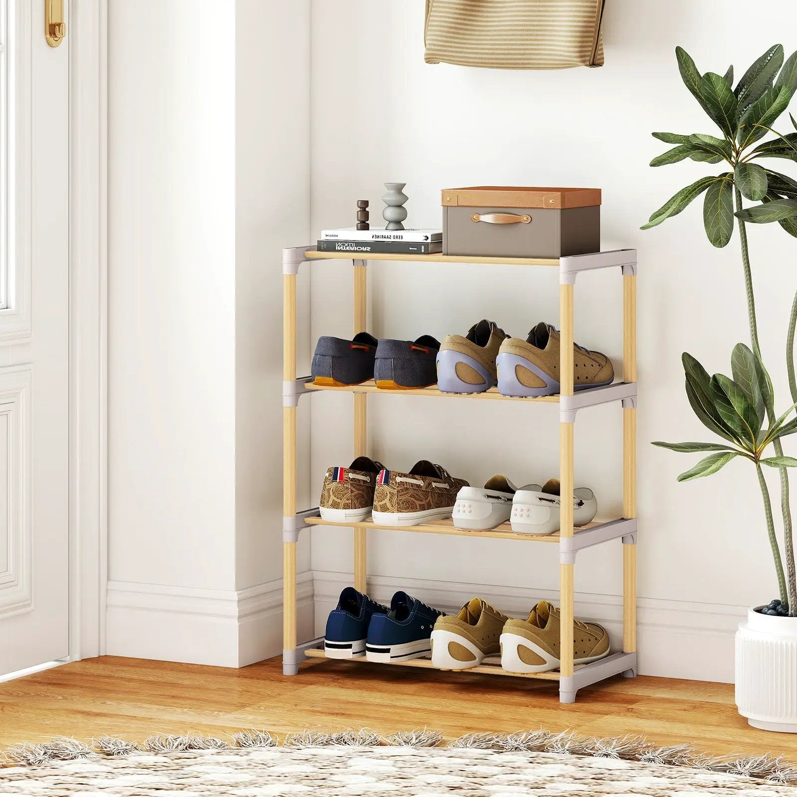 4-Tier Solid Wood Shoe Rack with Slatted Open Shelves-Gray by DirectDeals