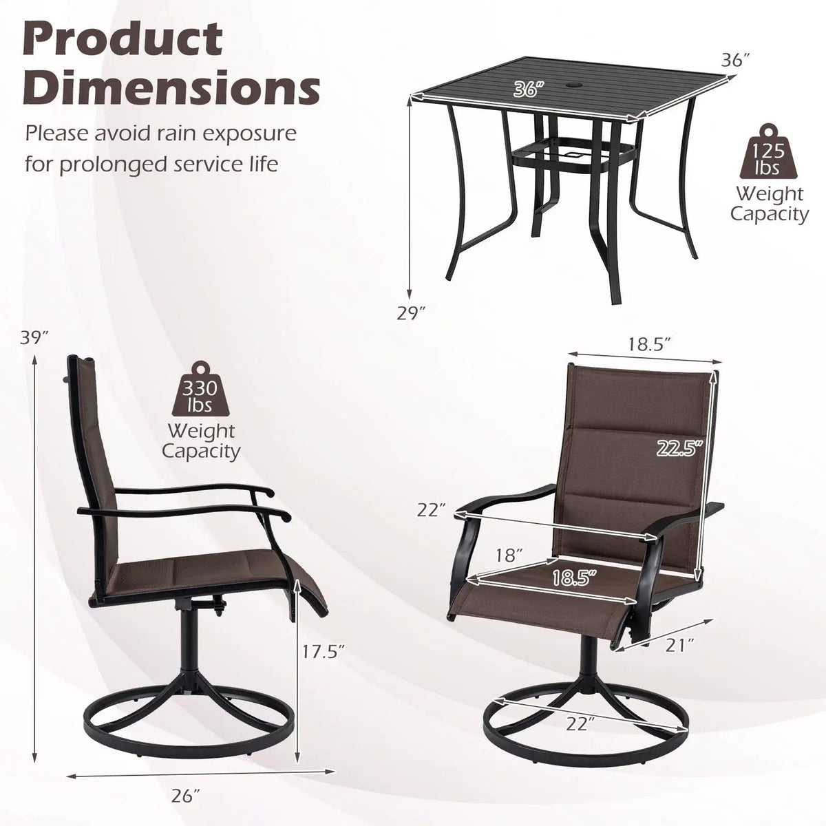 5 Pieces Outdoor Dining Set with 4 Swivel Chairs and 36 Inch Square Patio Table, photo 7 of 16