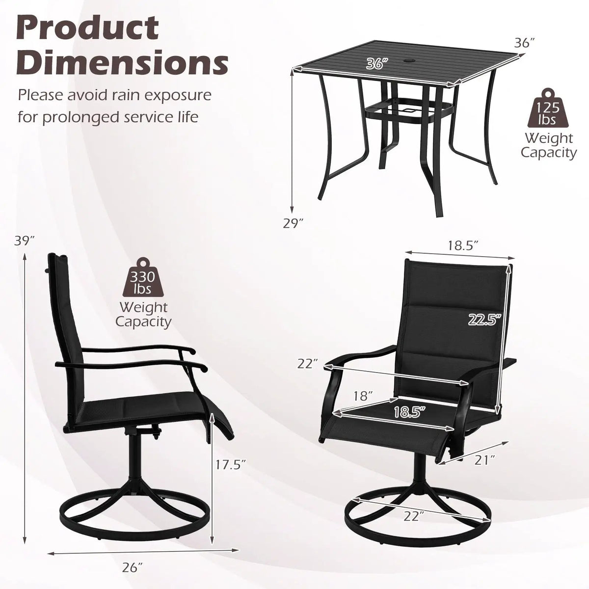 5 Pieces Outdoor Dining Set with 4 Swivel Chairs and 36 Inch Square Patio Table, photo 8 of 16