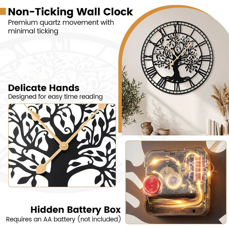 Large Wall Clock 27 Inch Tree of Life Big Metal Wall Clock-Black by DirectDeals