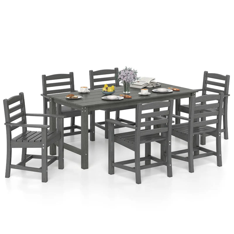 7 Pieces Outdoor Dining Table Set for 6 People 67 Inch HDPE Patio Rectangle Table and 6 Armchairs by DirectDeals