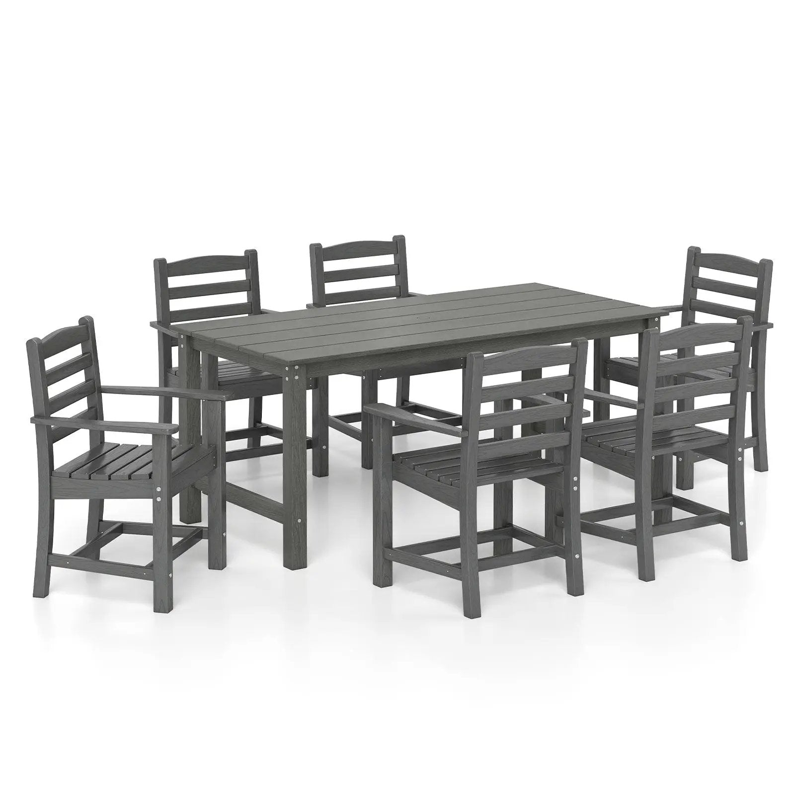 7 Pieces Outdoor Dining Table Set for 6 People 67 Inch HDPE Patio Rectangle Table and 6 Armchairs by DirectDeals