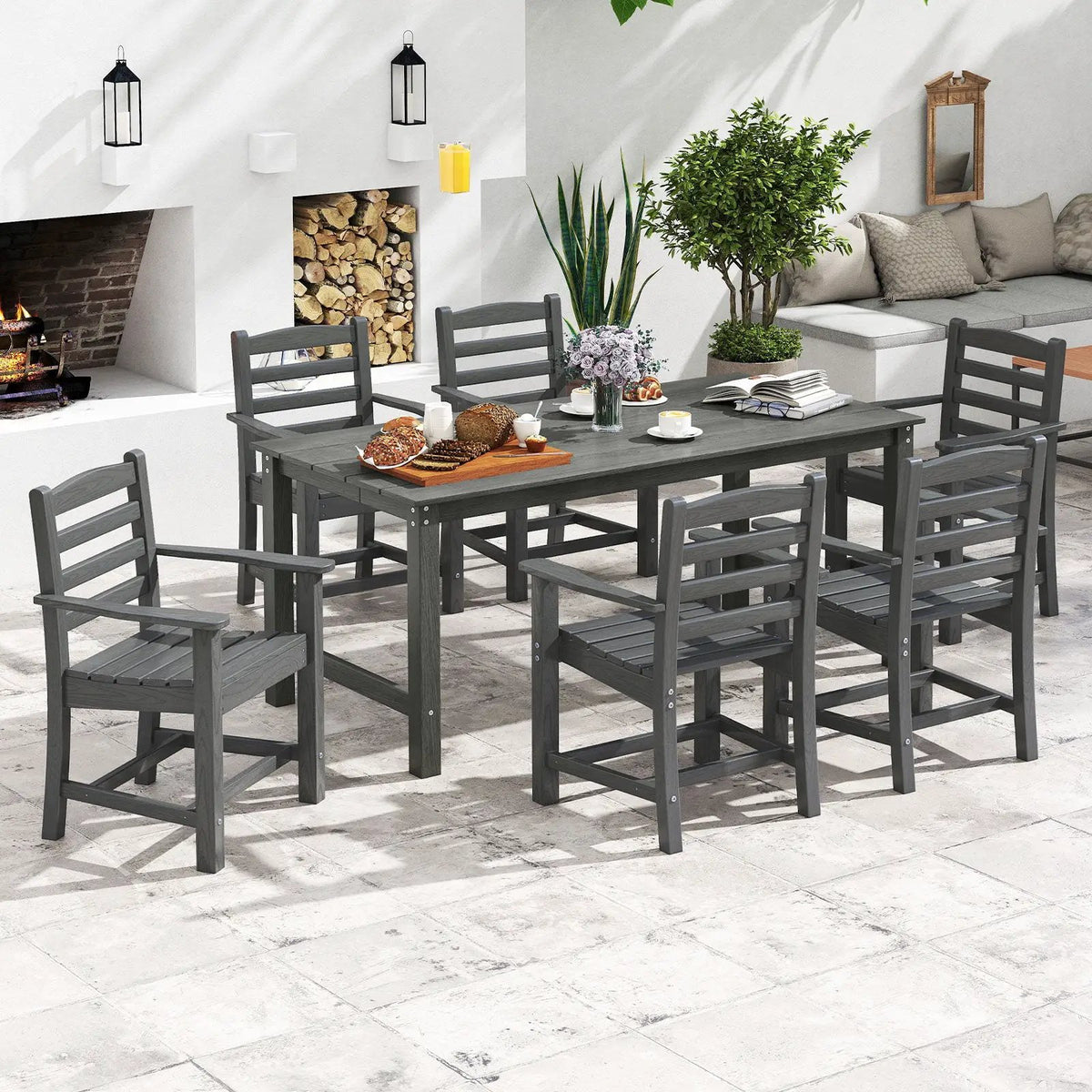 7 Pieces Outdoor Dining Table Set for 6 People 67 Inch HDPE Patio Rectangle Table and 6 Armchairs, photo 4 of 16