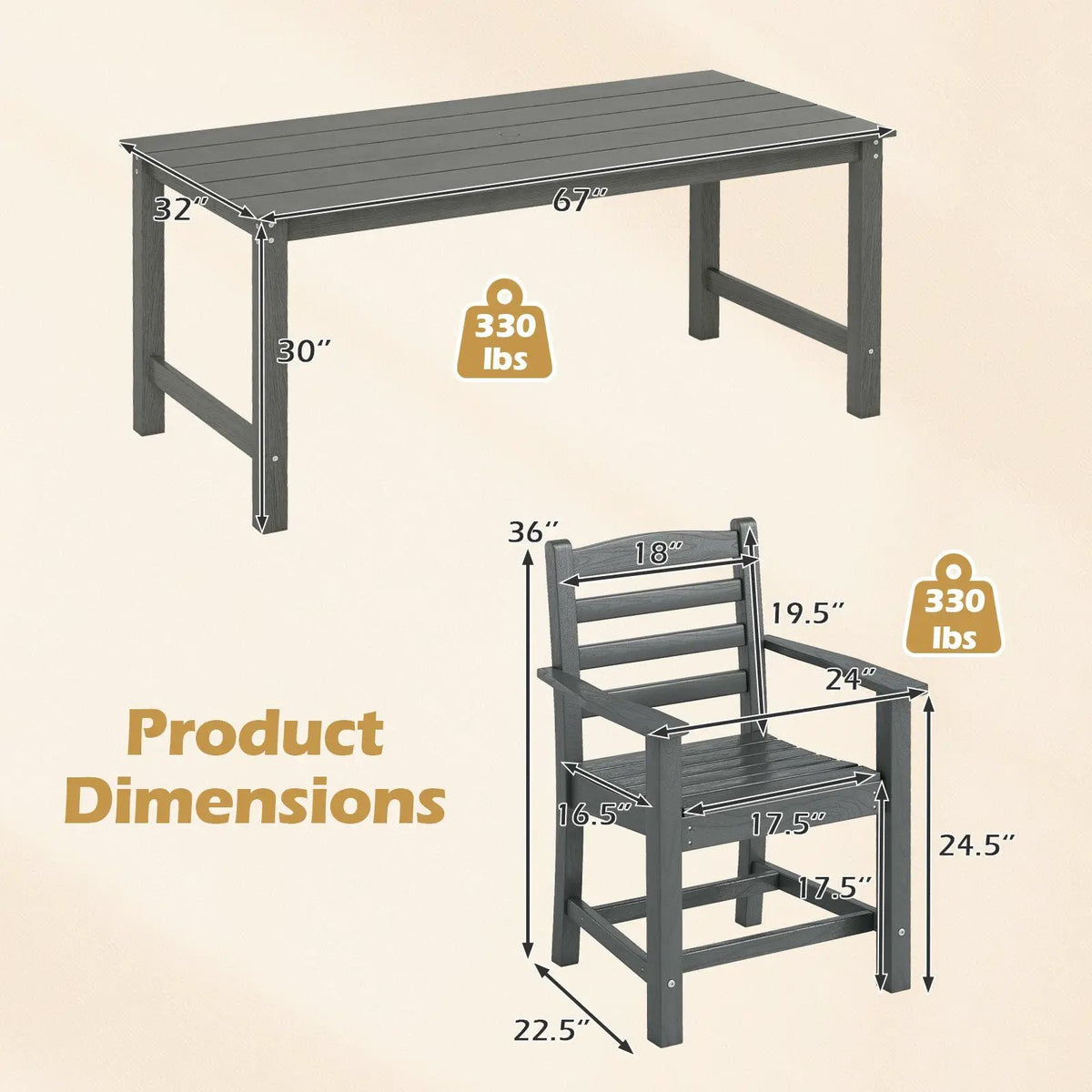 7 Pieces Outdoor Dining Table Set for 6 People 67 Inch HDPE Patio Rectangle Table and 6 Armchairs, photo 10 of 16