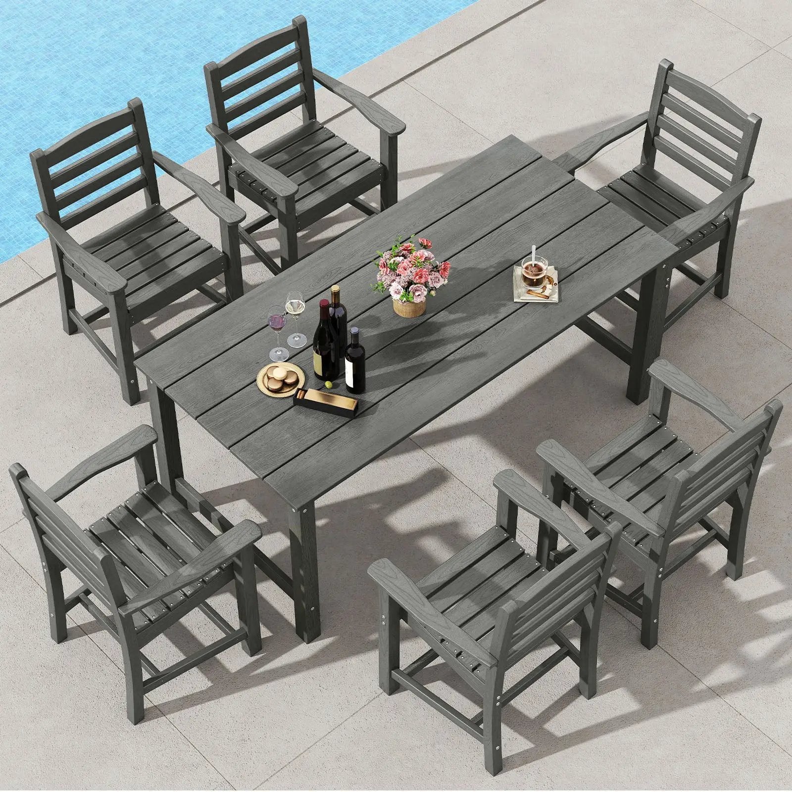 7 Pieces Outdoor Dining Table Set for 6 People 67 Inch HDPE Patio Rectangle Table and 6 Armchairs by DirectDeals