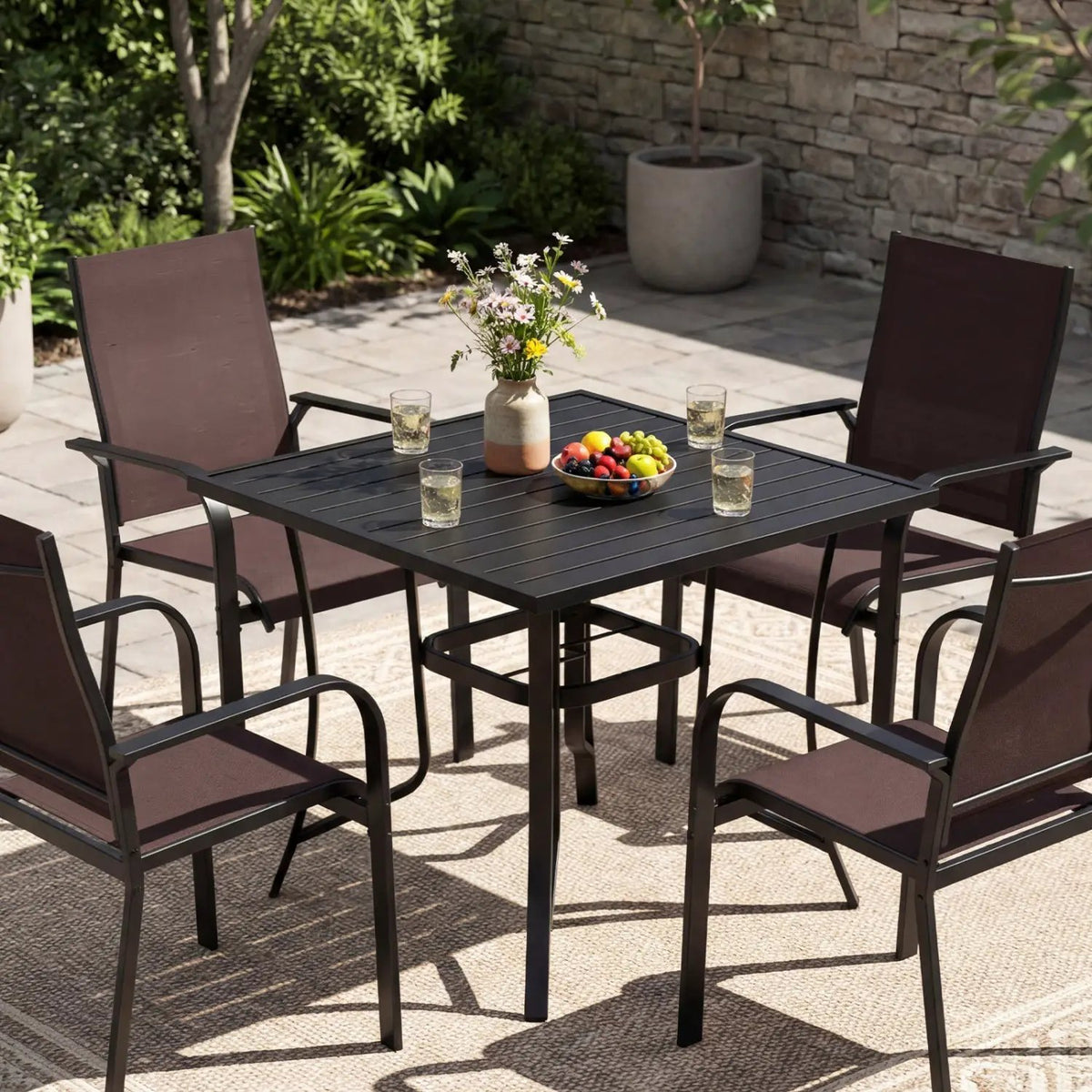 5 Pieces Patio Dining Set for 4 Outdoor Square Table and Stackable Chairs, photo 4 of 16