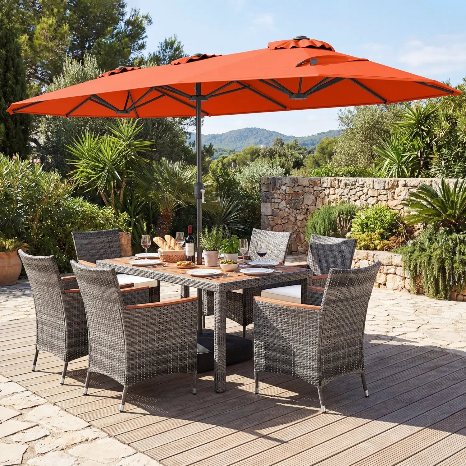 8-Piece Patio Dining Set with Double-Sided Market Umbrella by DirectDeals