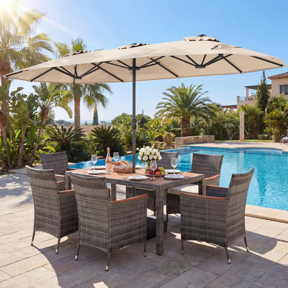 8-Piece Patio Dining Set with Double-Sided Market Umbrella, photo 2 of 42