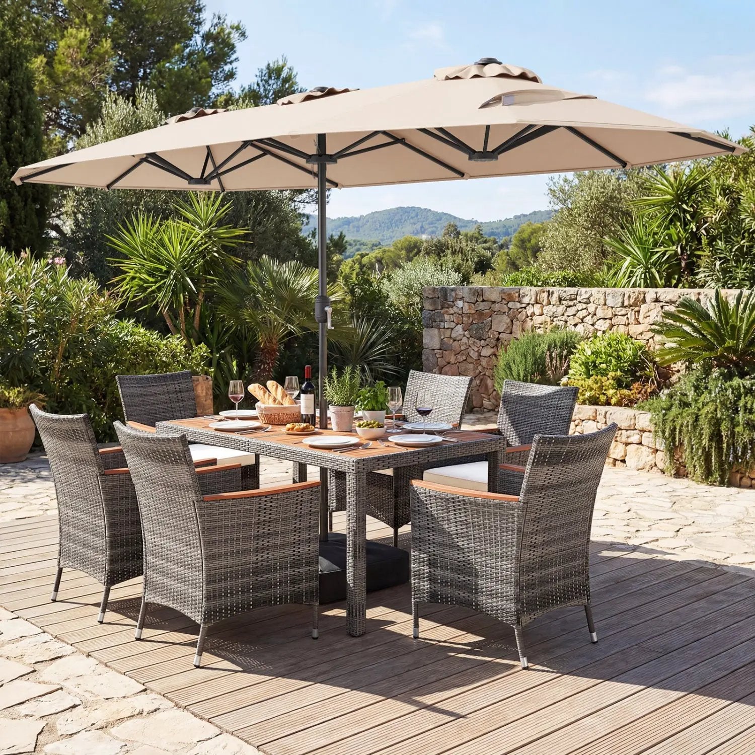 8-Piece Patio Dining Set with Double-Sided Market Umbrella by DirectDeals