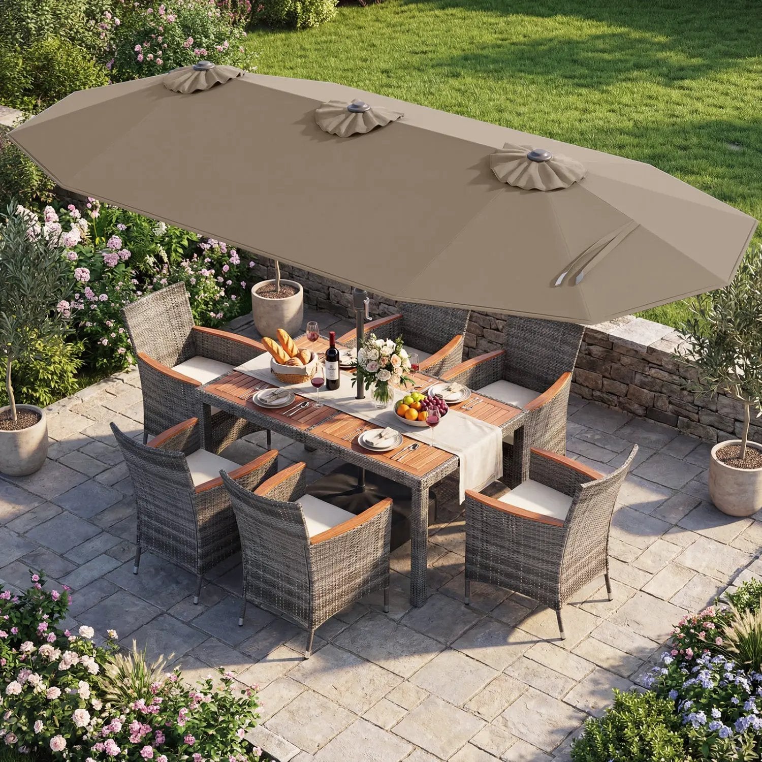 8-Piece Patio Dining Set with Double-Sided Market Umbrella by DirectDeals