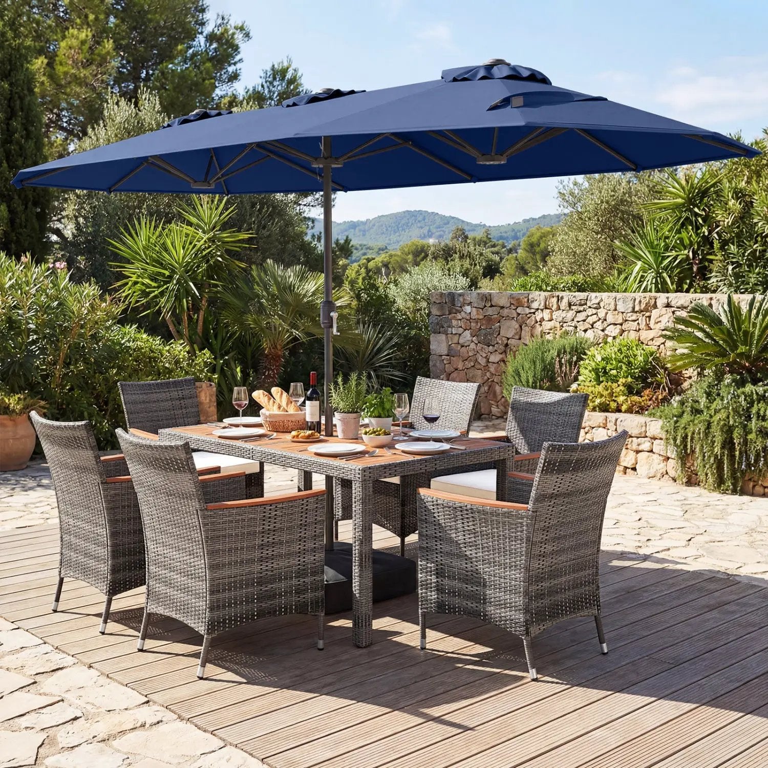 8-Piece Patio Dining Set with Double-Sided Market Umbrella by DirectDeals
