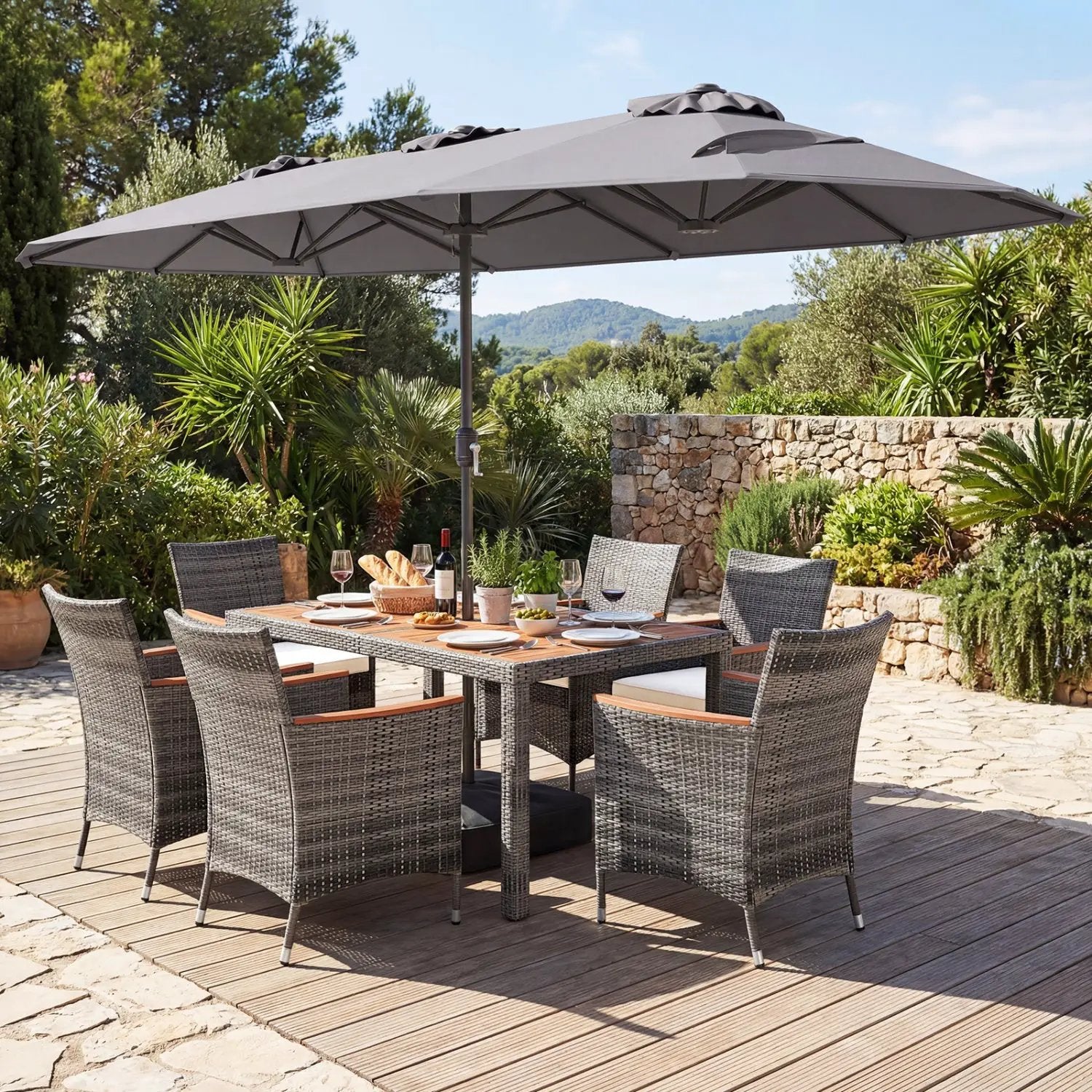 8-Piece Patio Dining Set with Double-Sided Market Umbrella by DirectDeals