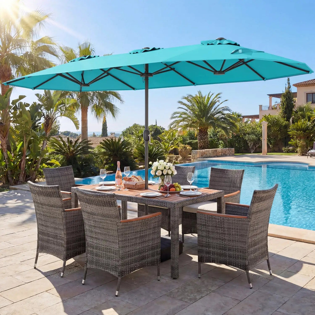 8-Piece Patio Dining Set with Double-Sided Market Umbrella, photo 4 of 42