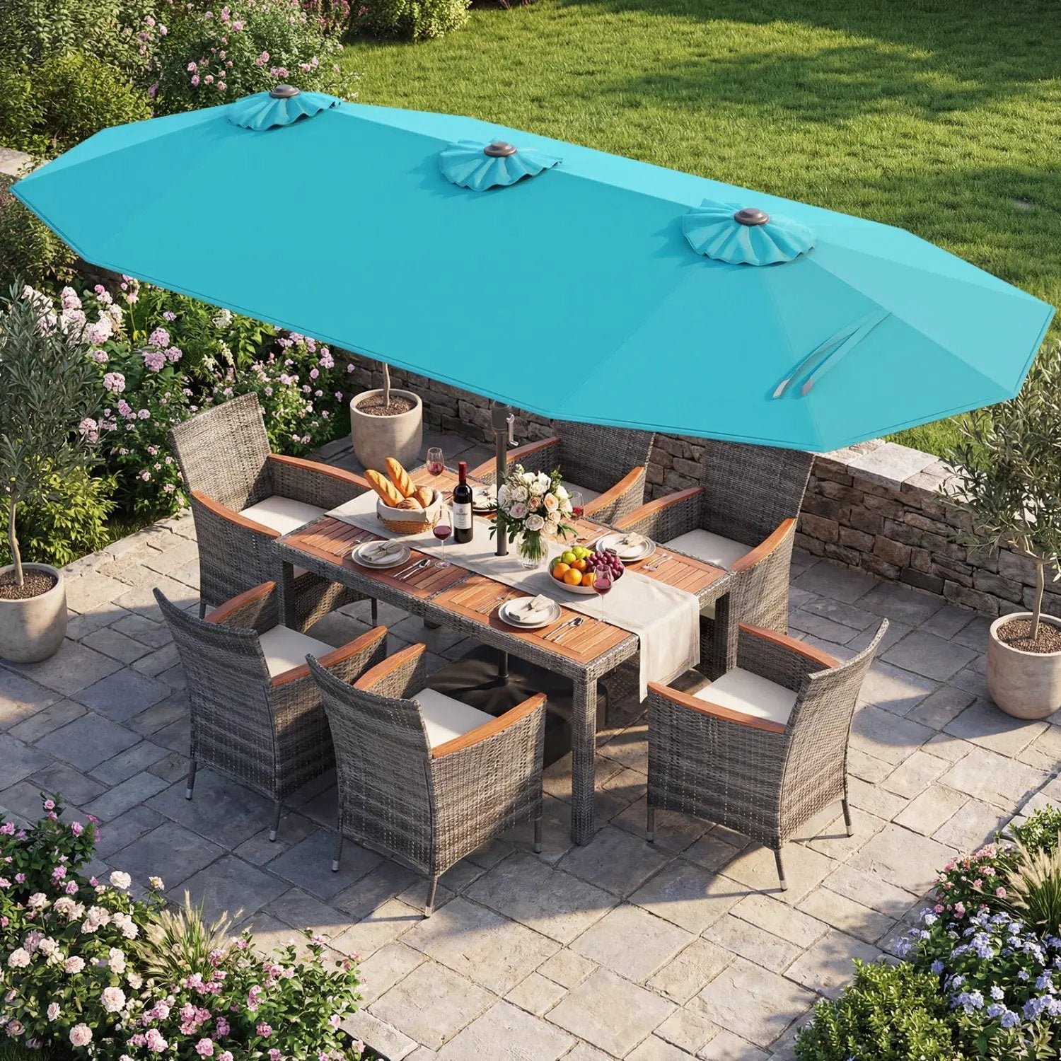 8-Piece Patio Dining Set with Double-Sided Market Umbrella by DirectDeals