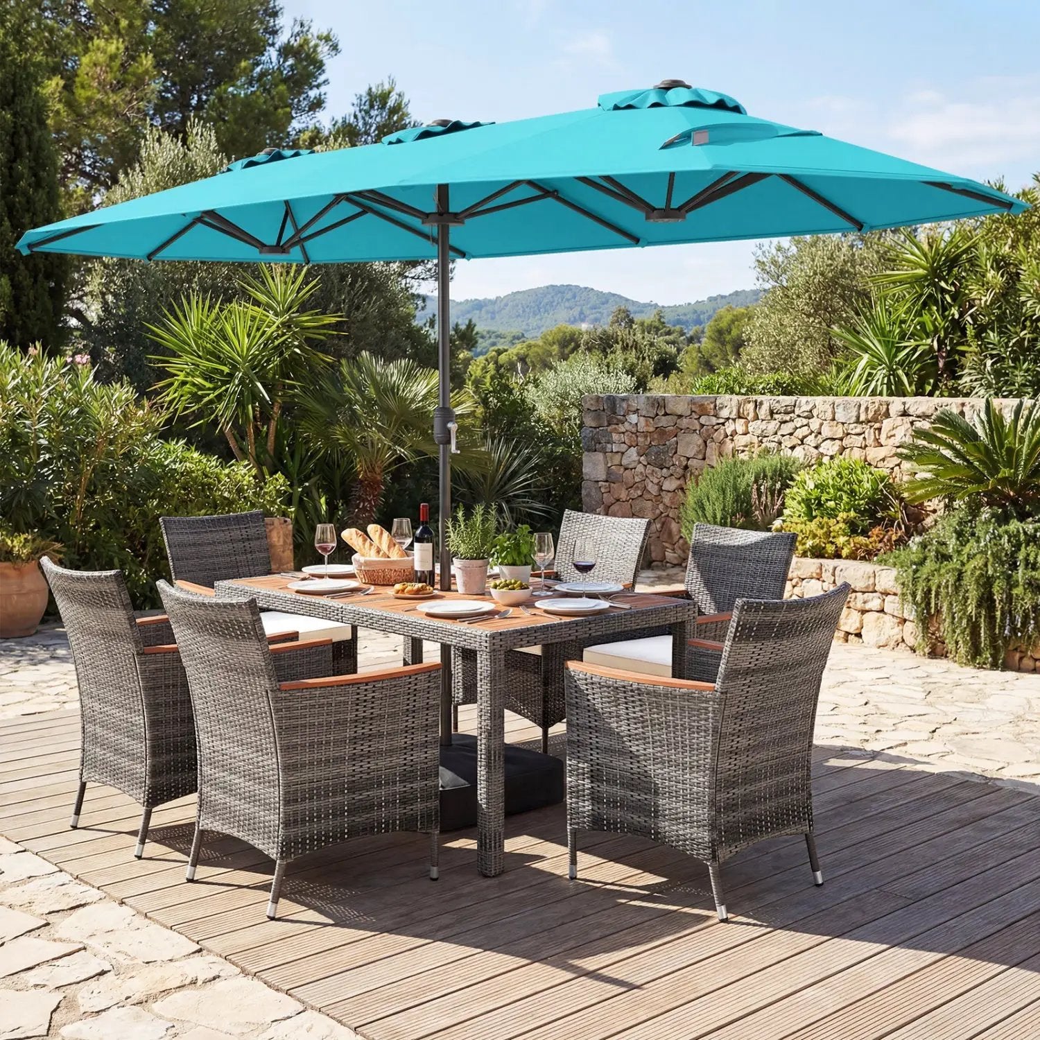 8-Piece Patio Dining Set with Double-Sided Market Umbrella by DirectDeals