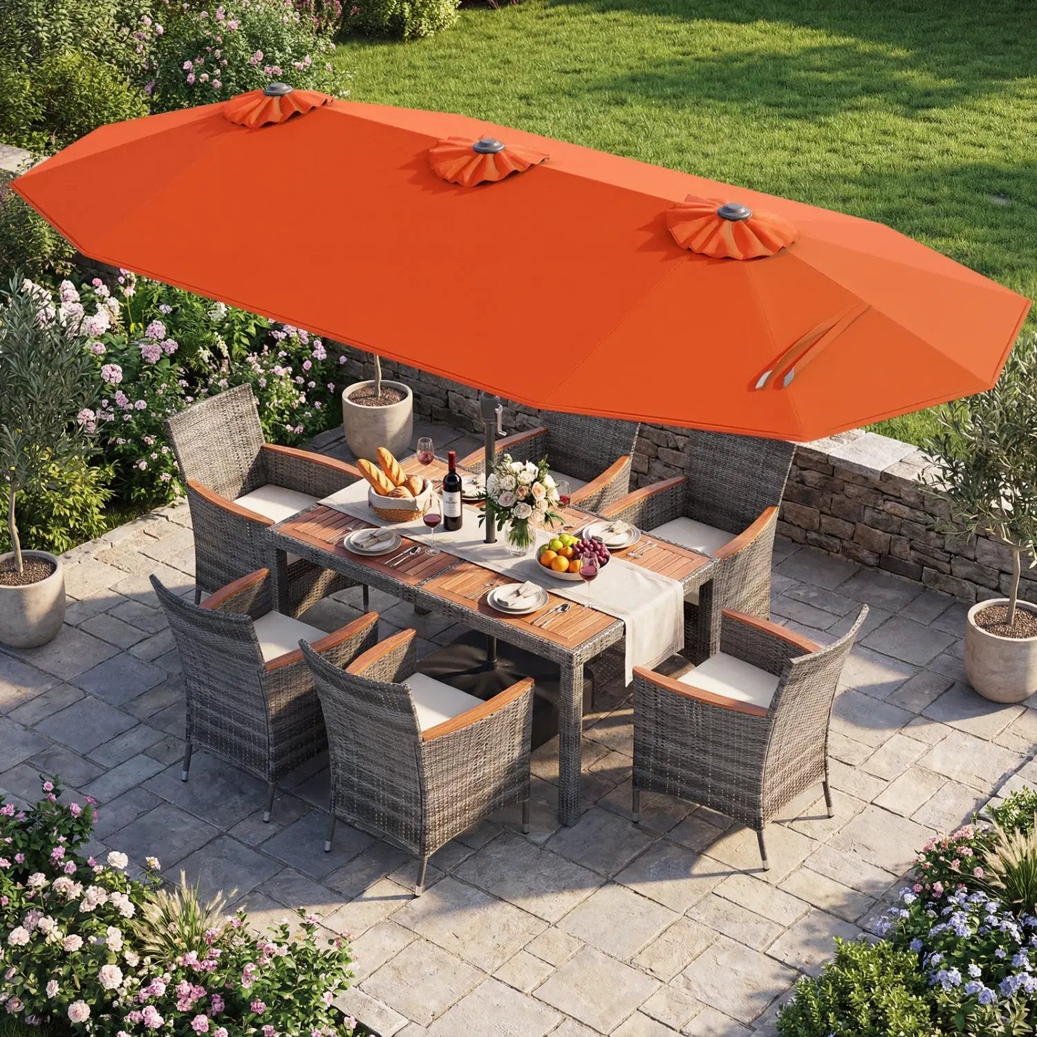 8 Pieces Outdoor Wicker Dining Furniture and 13.5 FT Double-Sided Patio Umbrella by DirectDeals
