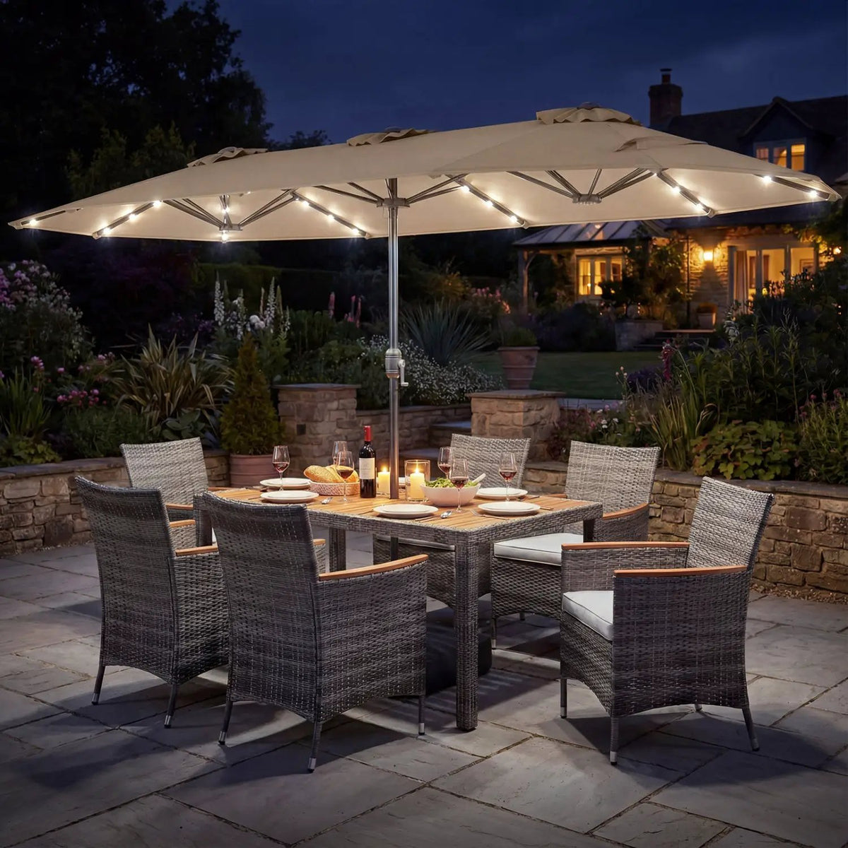 8 Pieces Outdoor Wicker Dining Furniture and 13.5 FT Double-Sided Patio Umbrella, photo 7 of 42