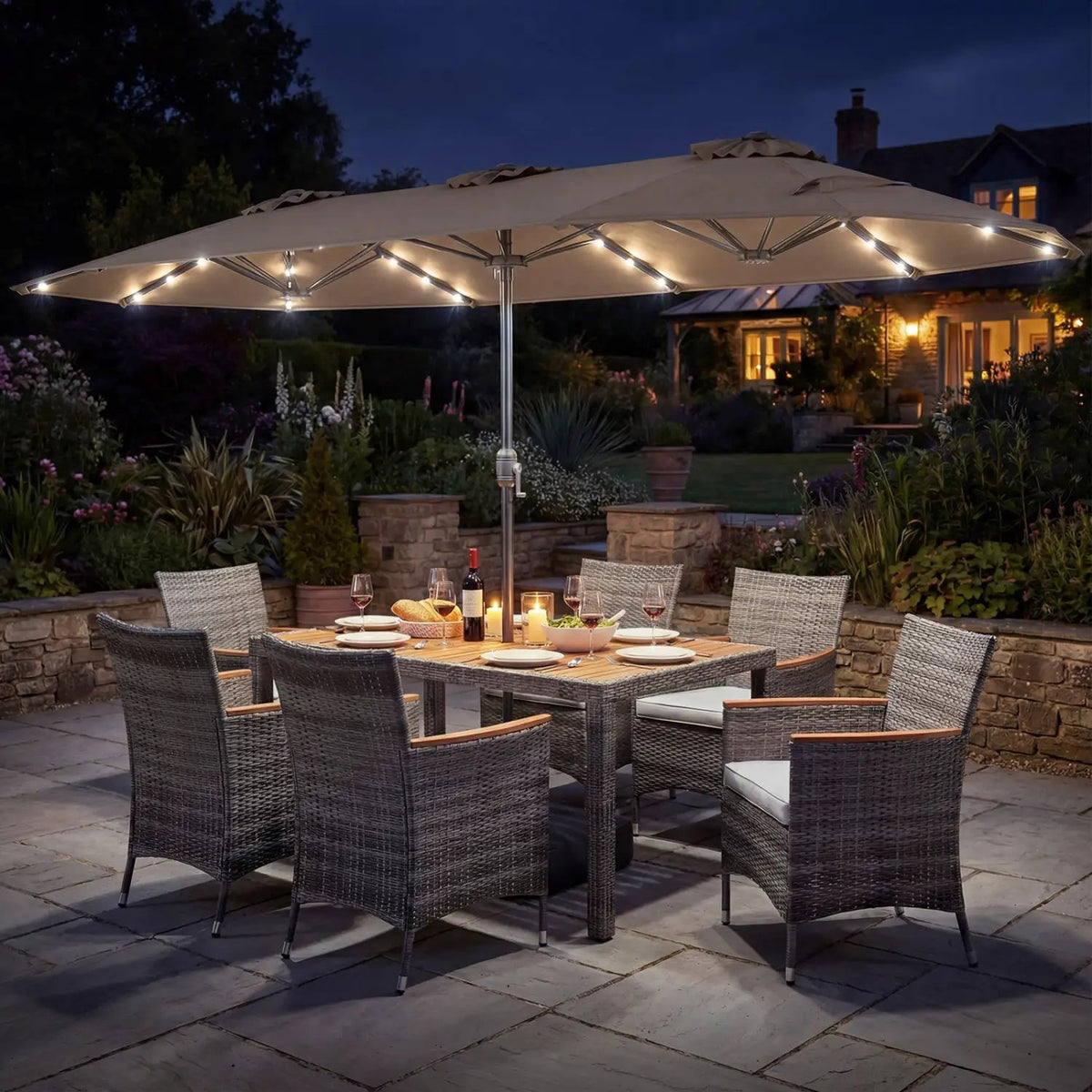 8 Pieces Outdoor Wicker Dining Furniture and 13.5 FT Double-Sided Patio Umbrella, photo 2 of 42