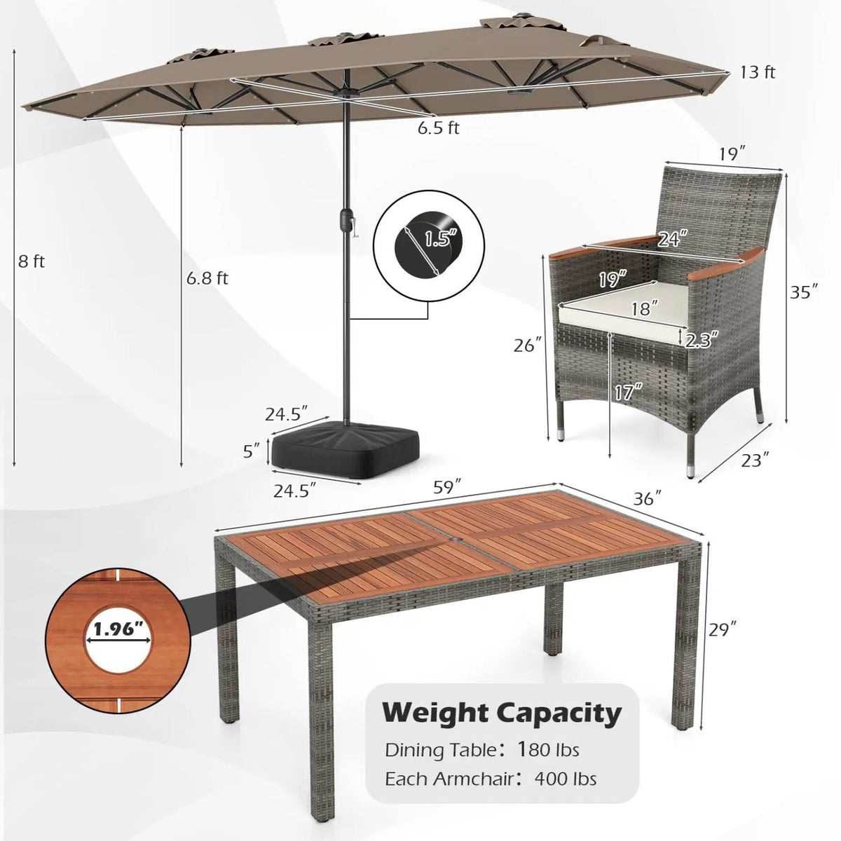 8 Pieces Outdoor Wicker Dining Furniture and 13.5 FT Double-Sided Patio Umbrella, photo 29 of 42