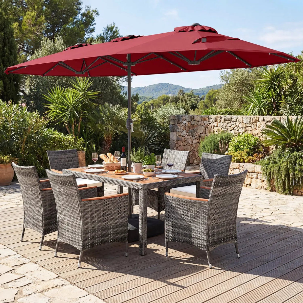 8 Pieces Outdoor Wicker Dining Furniture and 13.5 FT Double-Sided Patio Umbrella, photo 40 of 42