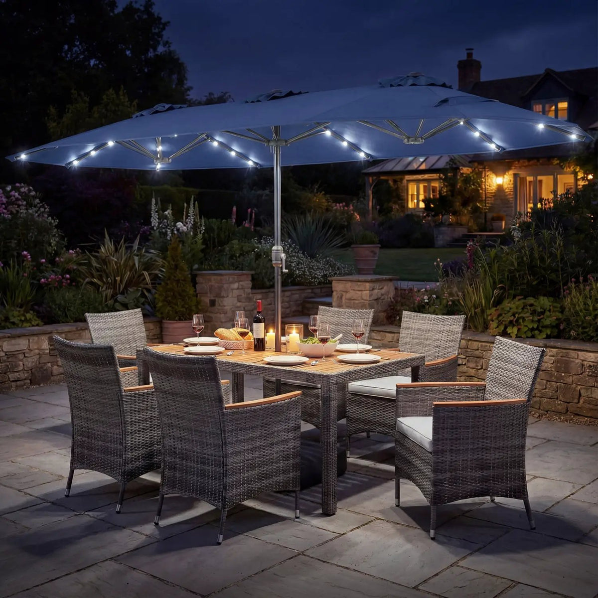 8 Pieces Outdoor Wicker Dining Furniture and 13.5 FT Double-Sided Patio Umbrella, photo 3 of 42