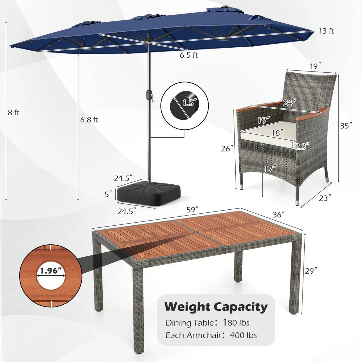 8 Pieces Outdoor Wicker Dining Furniture and 13.5 FT Double-Sided Patio Umbrella, photo 35 of 42