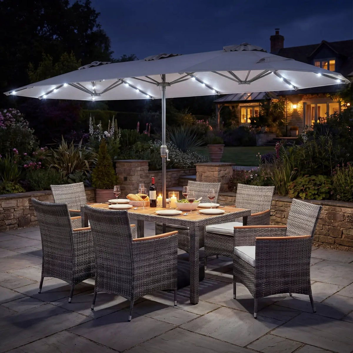 8 Pieces Outdoor Wicker Dining Furniture and 13.5 FT Double-Sided Patio Umbrella, photo 6 of 42
