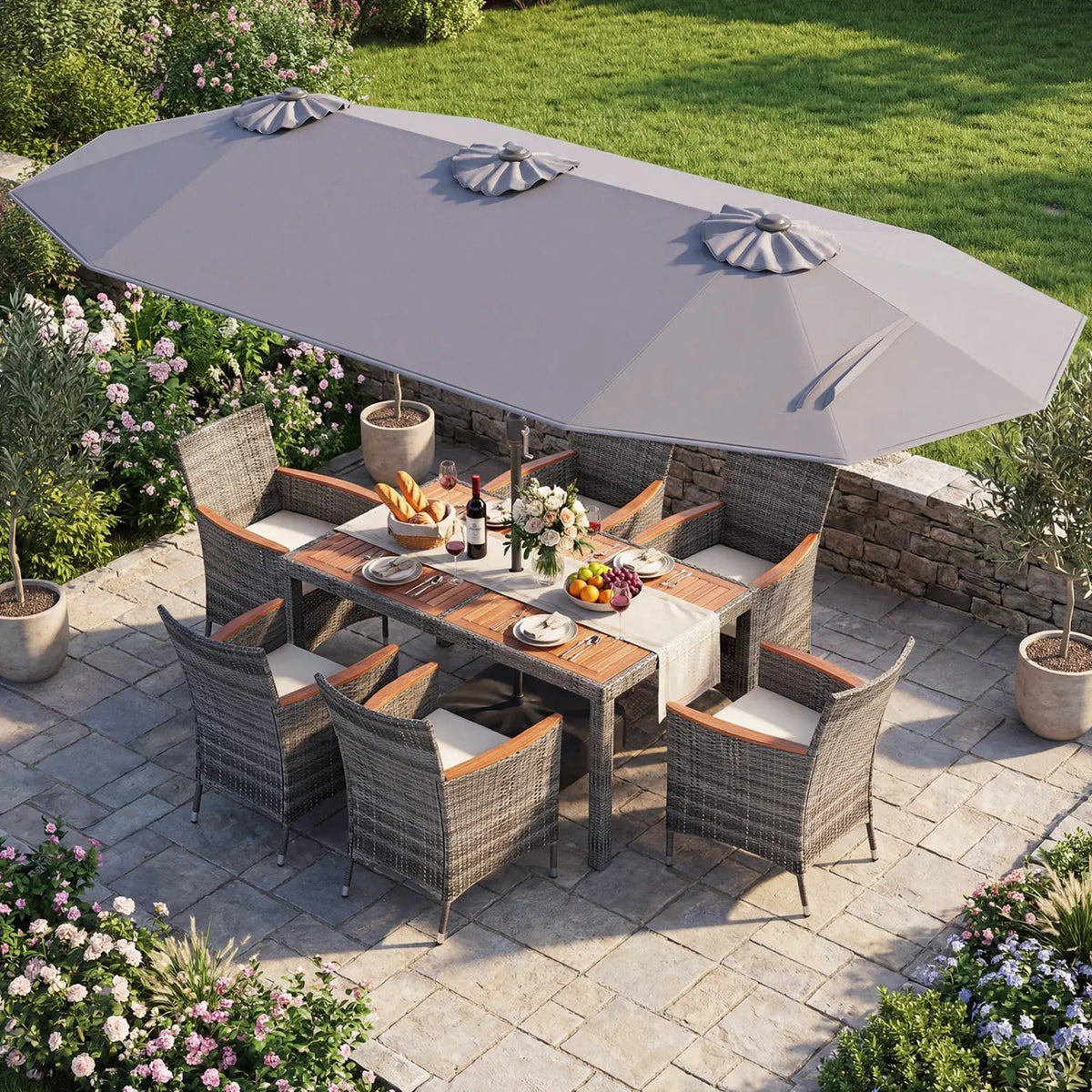 8 Pieces Outdoor Wicker Dining Furniture and 13.5 FT Double-Sided Patio Umbrella, photo 13 of 42