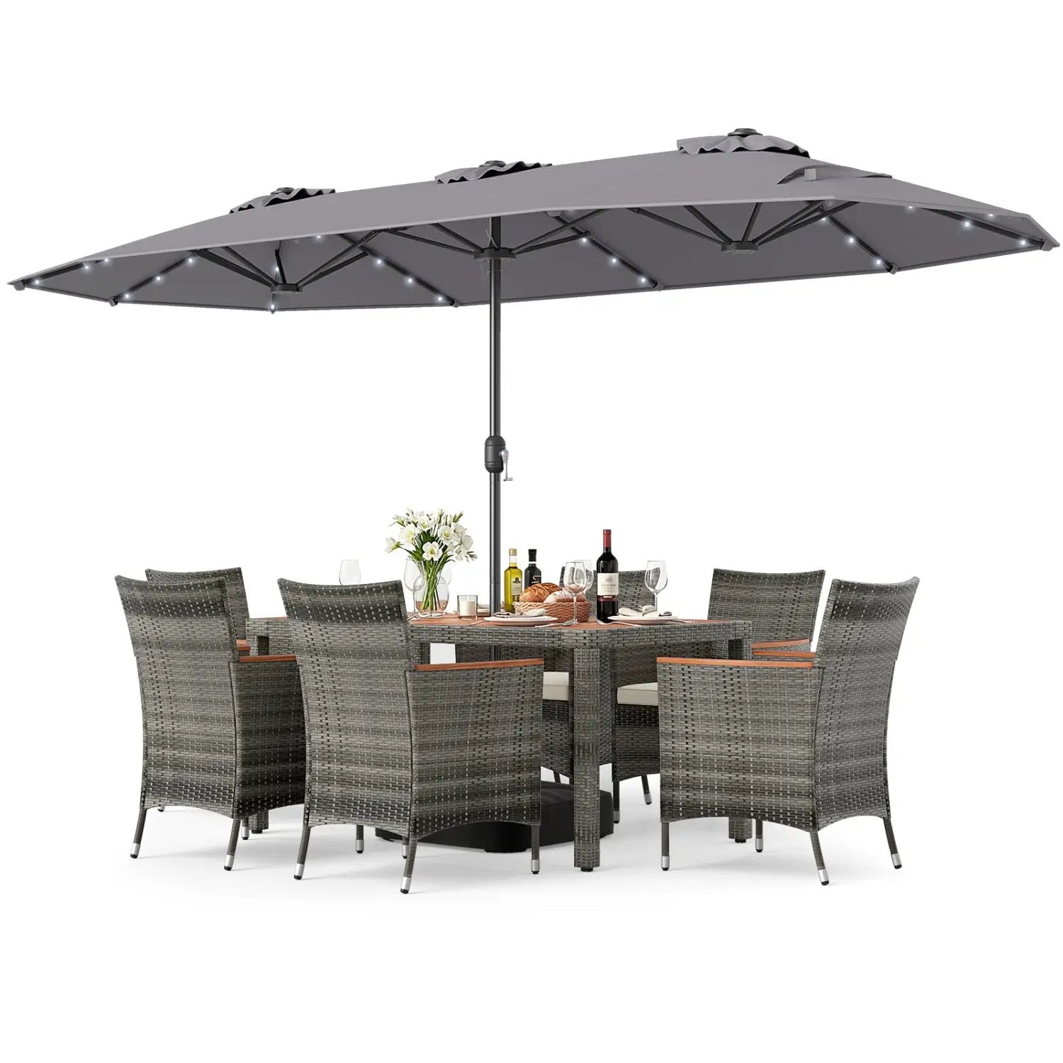 8 Pieces Outdoor Wicker Dining Furniture and 13.5 FT Double-Sided Patio Umbrella by DirectDeals