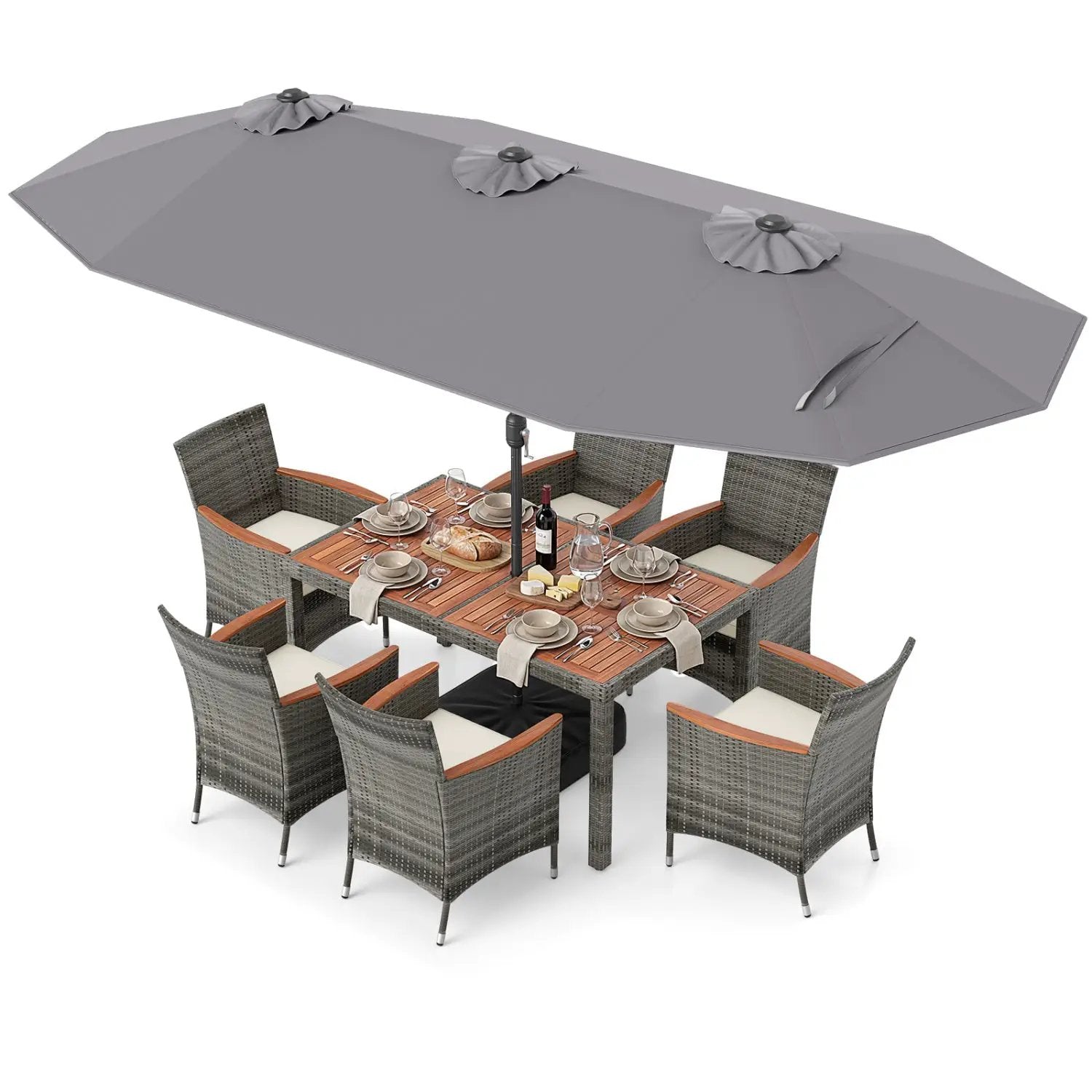 8 Pieces Outdoor Wicker Dining Furniture and 13.5 FT Double-Sided Patio Umbrella by DirectDeals