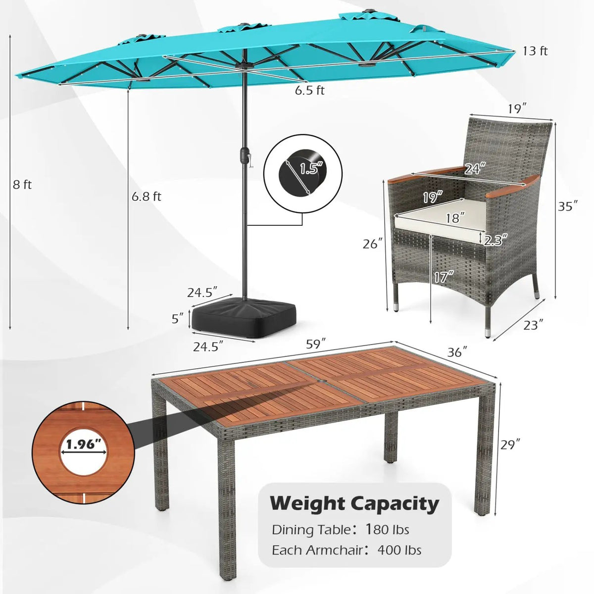 8 Pieces Outdoor Wicker Dining Furniture and 13.5 FT Double-Sided Patio Umbrella, photo 32 of 42