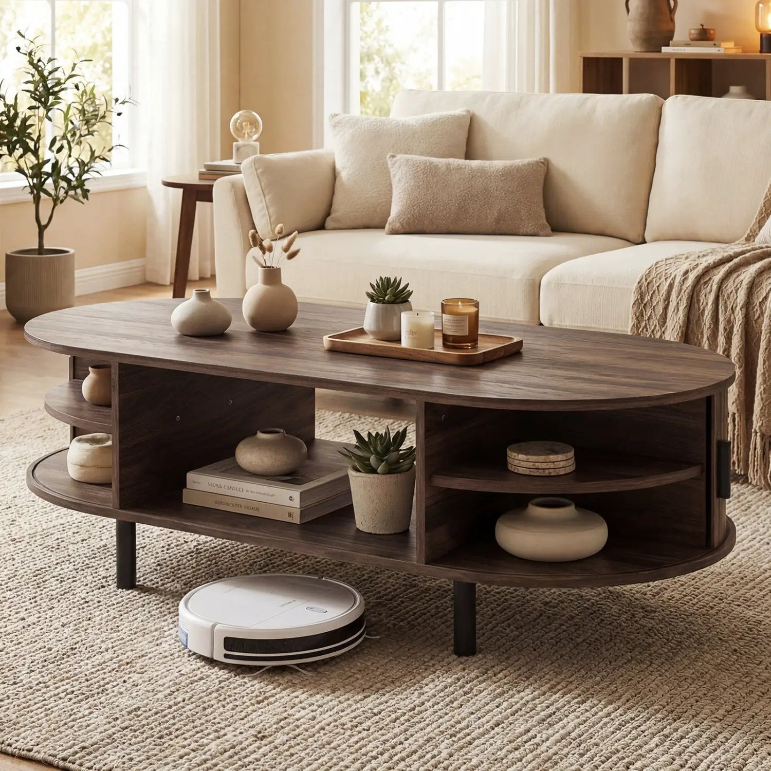 Oval Coffee Table 47.5inch Wooden Center Table with Storage by DirectDeals