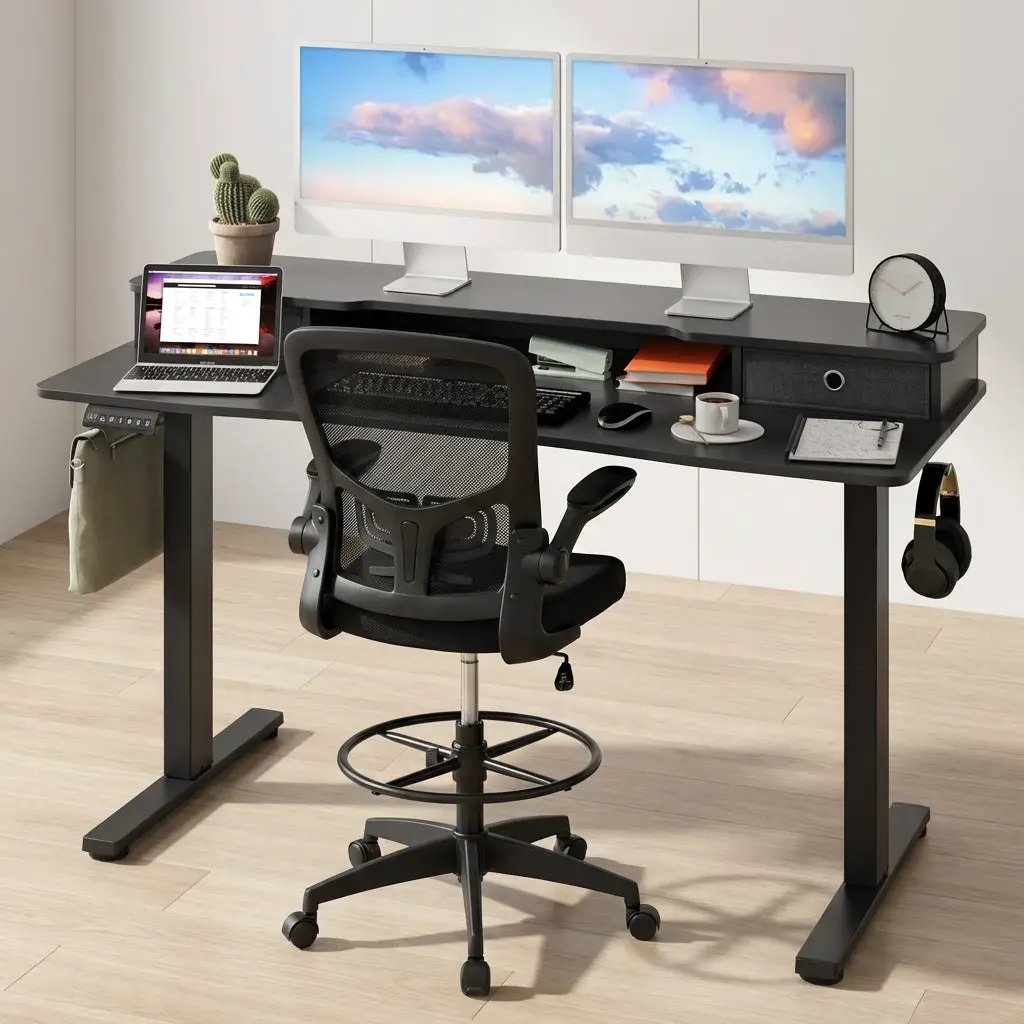 Electric Height Adjustable Standing Desk and Drafting Chair Set with Storage Drawers by DirectDeals
