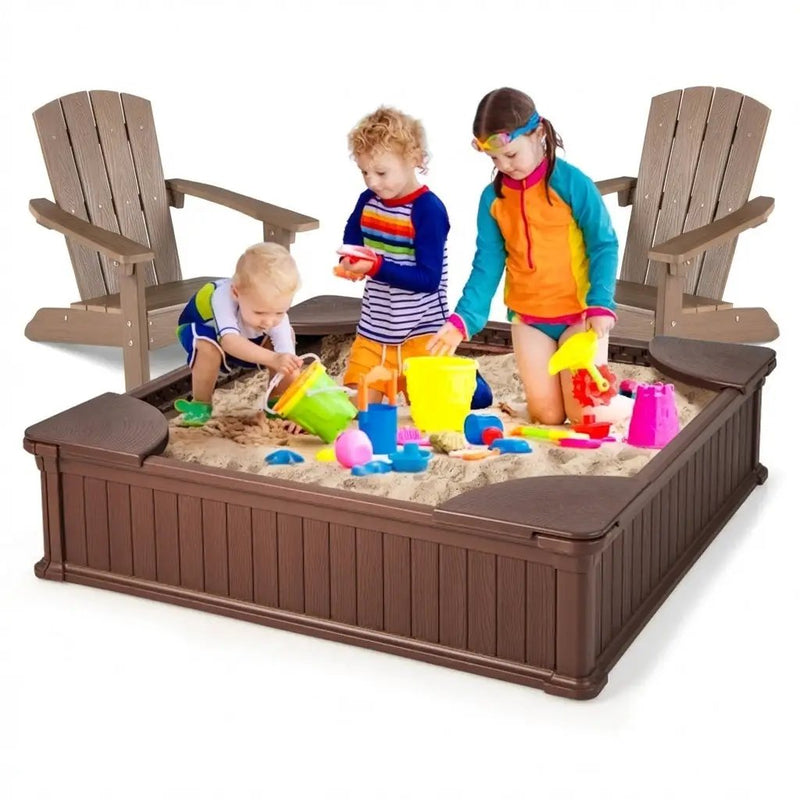 Kids Sandbox with Cover and Seats with 2 Kids Adirondack Chairs by DirectDeals