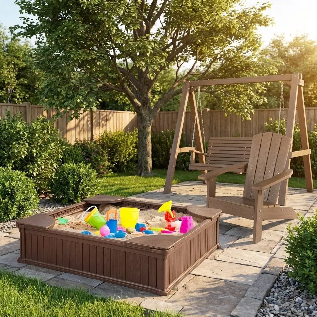 Kids Sandbox with Cover and Seats with 2 Kids Adirondack Chairs by DirectDeals
