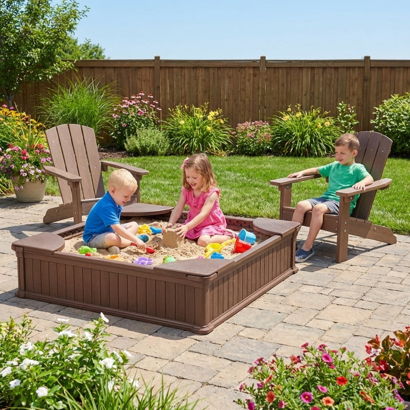 Kids Sandbox with Cover and Seats with 2 Kids Adirondack Chairs by DirectDeals