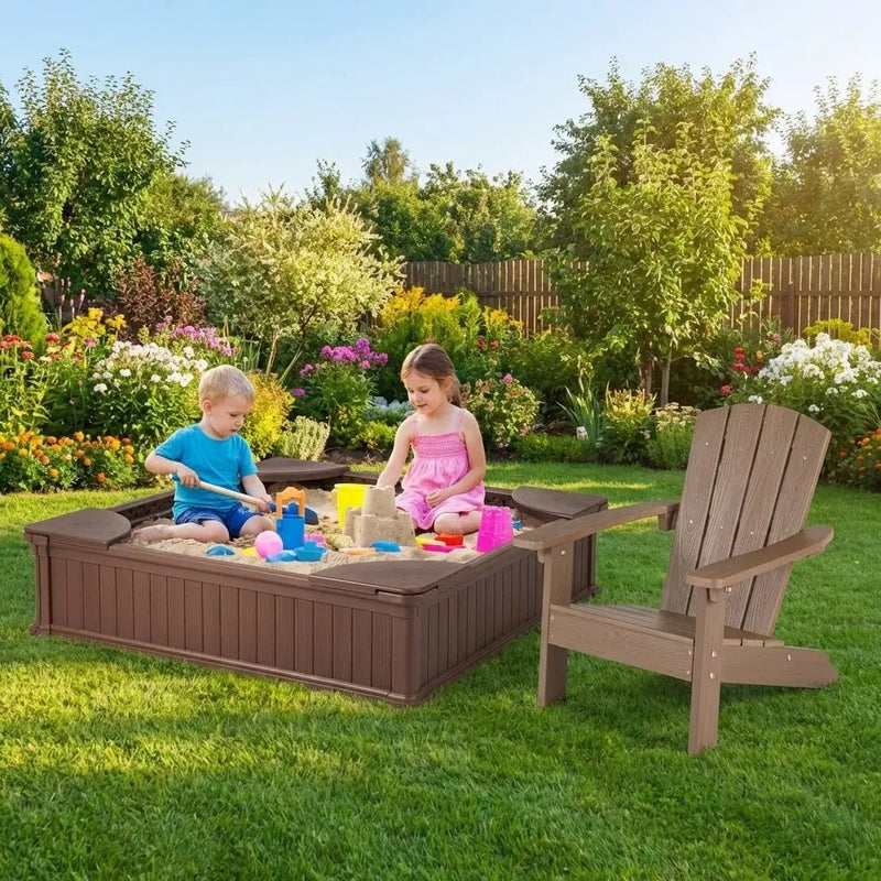 Kids Sandbox with Cover and Seats with 2 Kids Adirondack Chairs by DirectDeals