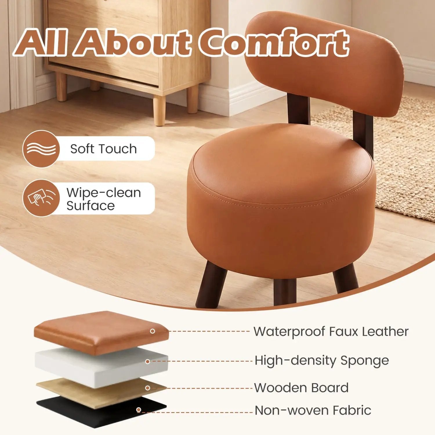 Small Footrest Stools Set of 2 Round Ottoman with Backrest by DirectDeals